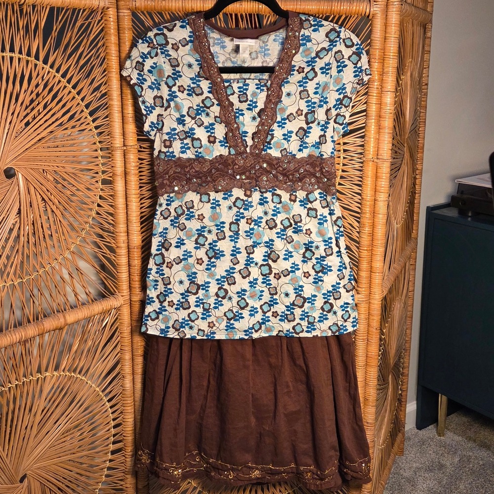 Vtg Y2K Limited Too Girl 20 Jr Medium Floral Lace Sequin Babydoll Top Blue Brown